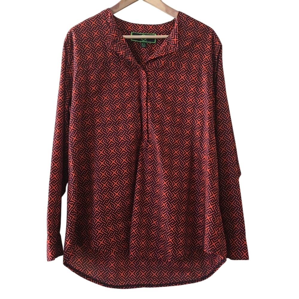 C. WONDER Woman's Geometric Blouse XL Navy Orange Geometric Print Cotton Popover